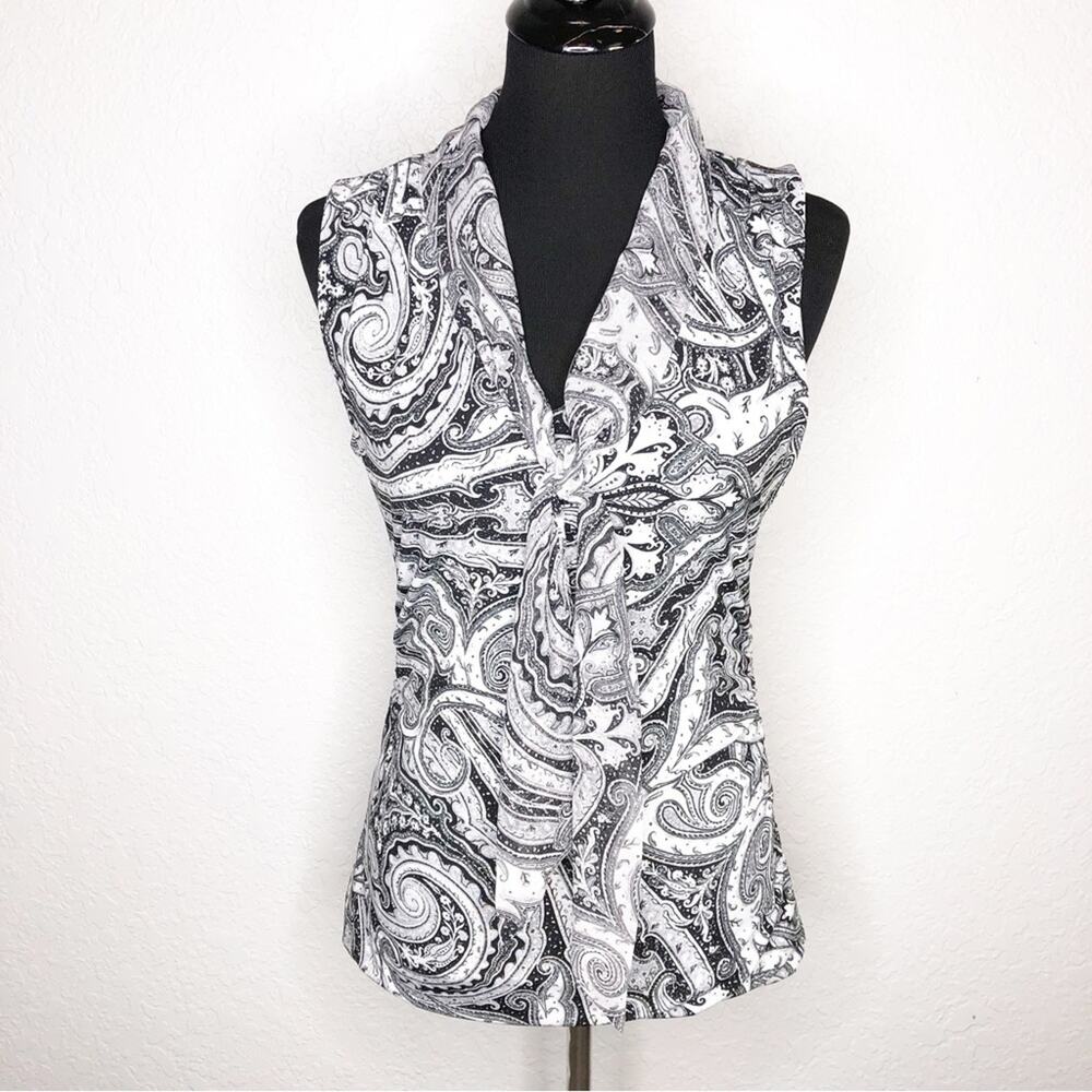 WHBM black white gray paisley print sleeveless front‎ tie top size Small